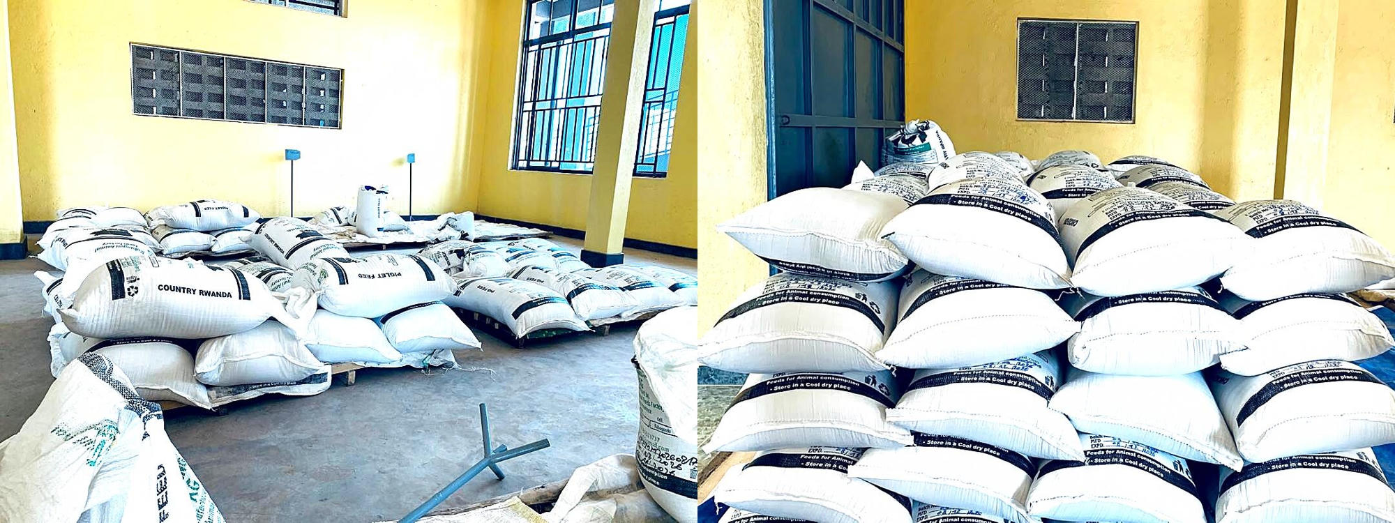 Sacks of finished animal feed stored at the facility