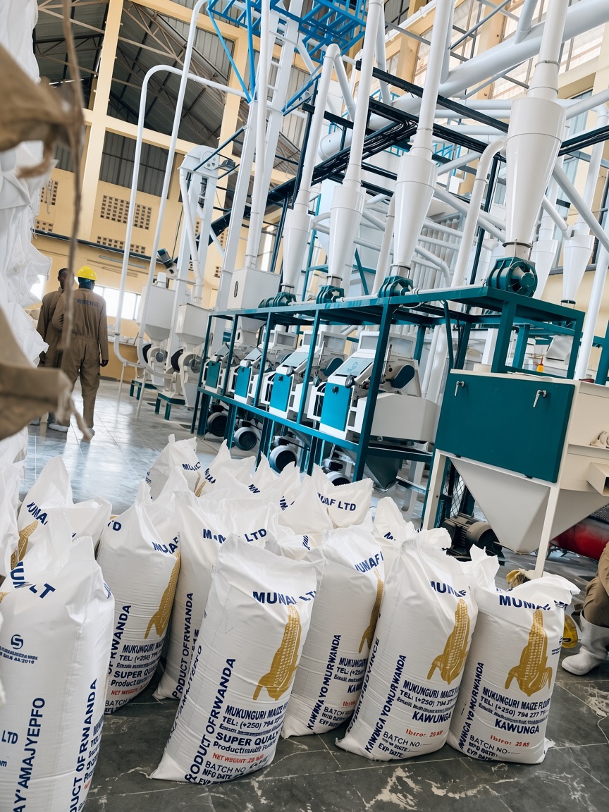 Maize flour processing machinery and workers